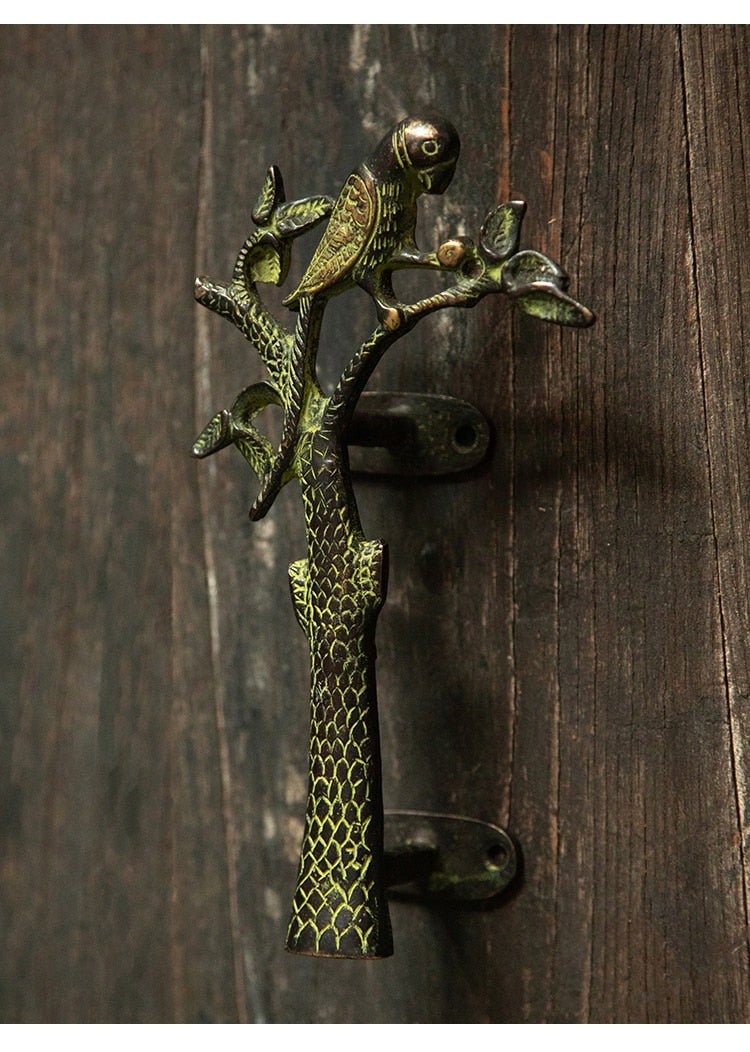 Parrot in a Tree Brass Door Pull Handmade Hardware
