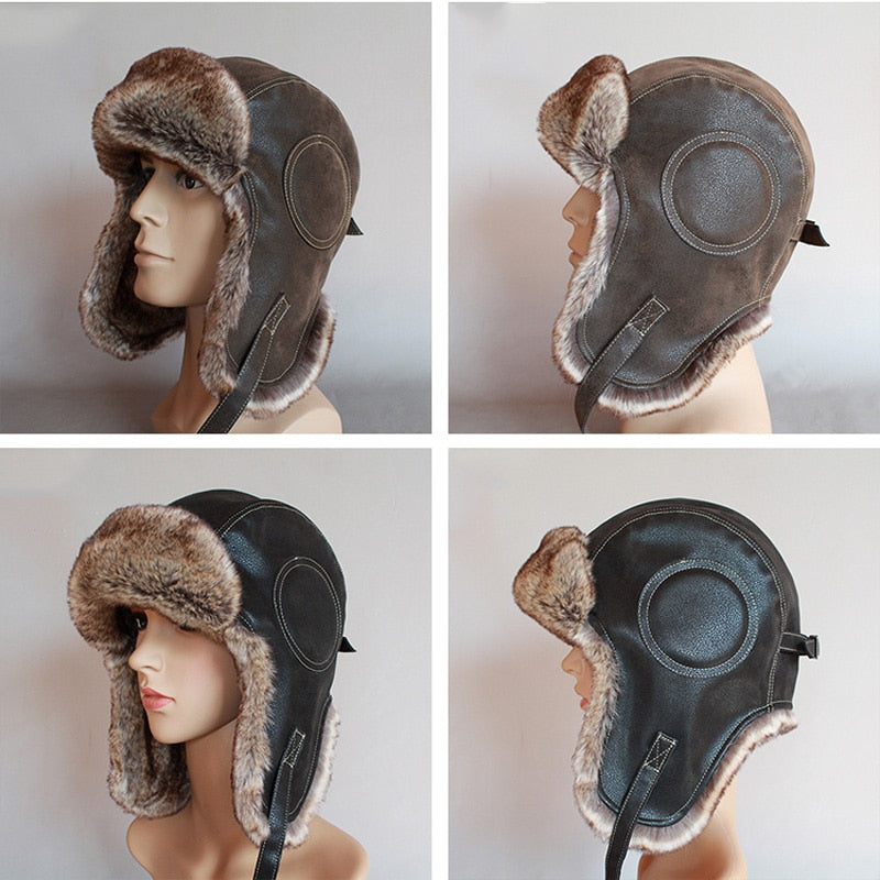 Winter Pilot Aviator Bomber Trapper Hat Faux Fur Leather Snow Cap with Ear Flaps