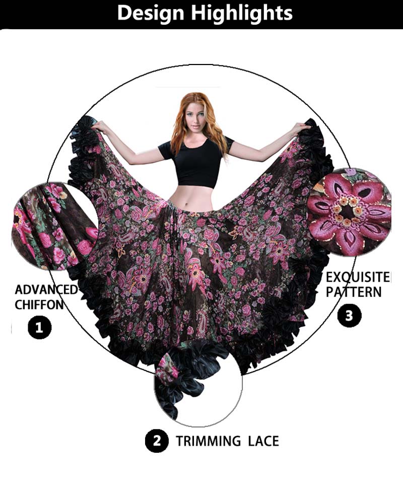 Black Floral Belly Dance Chiffon Gypsy Flamenco Skirt