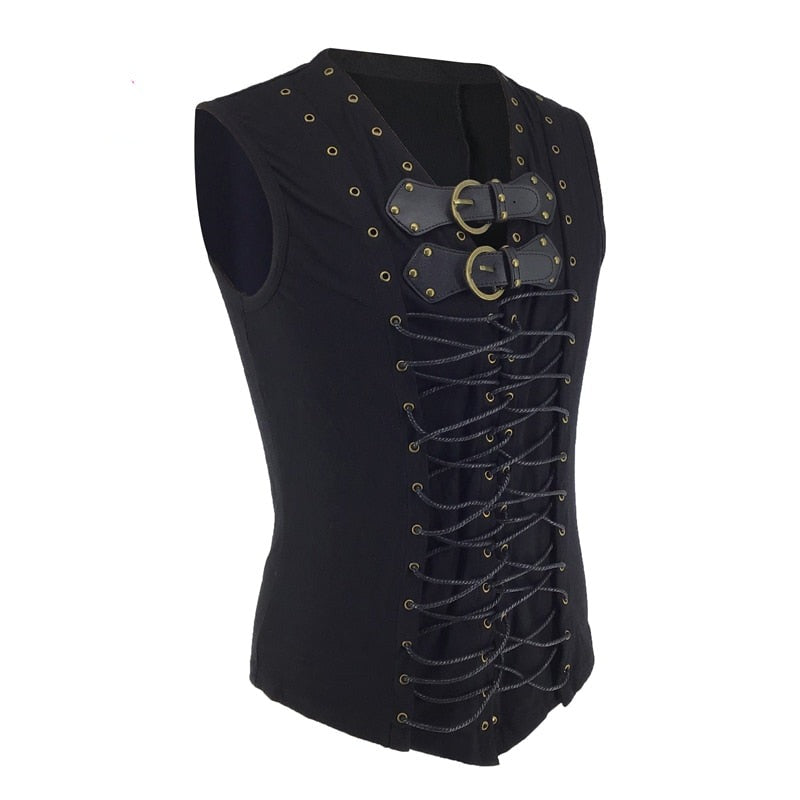 Steampunk Pirate Vest Black Leather Lace Up Sleeveless Top