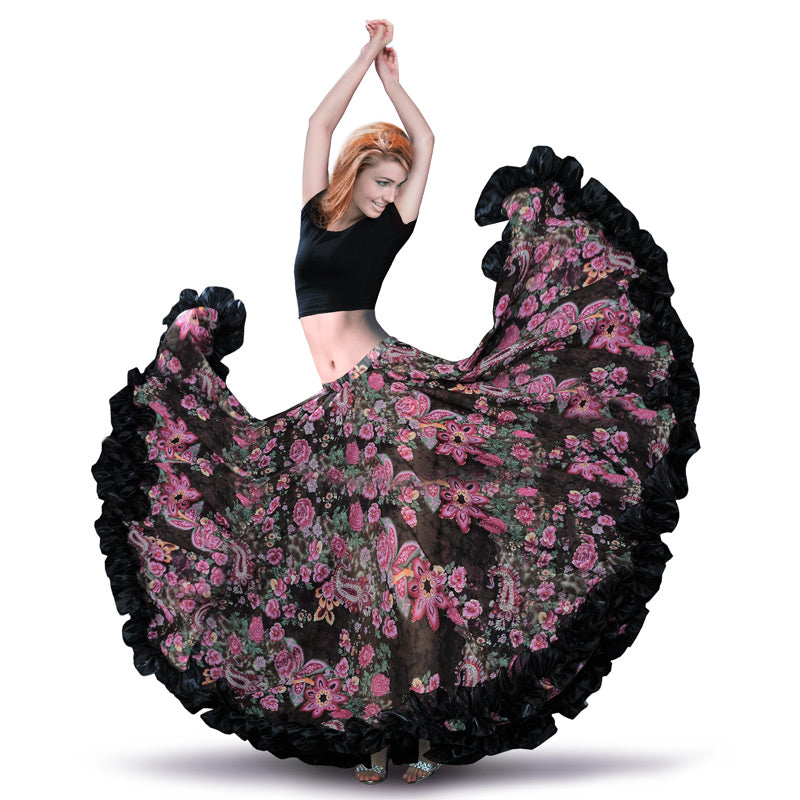 Black Floral Belly Dance Chiffon Gypsy Flamenco Skirt