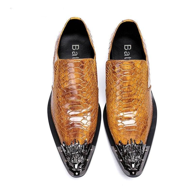 Caramel Croc Rock Mens Metal Tip Genuine Leather Dress Shoes