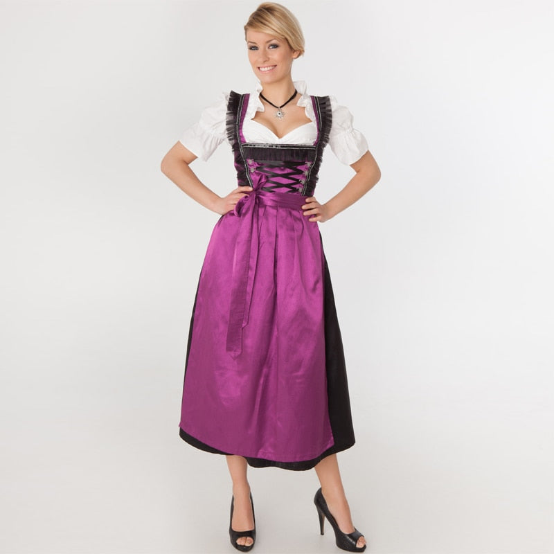Long Purple Bavarian Traditional Oktoberfest Dirndl Beer Wench Maid Costume