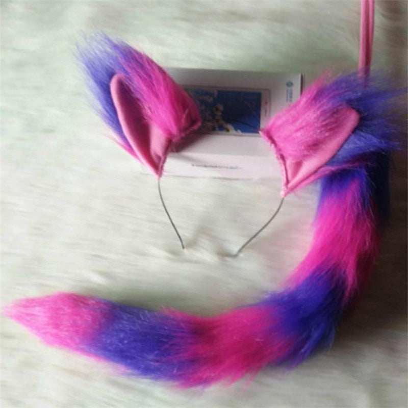 The Cheshire Cat Ears Plush Tail Pink Purple Cat Halloween Cosplay Props Furries Costume