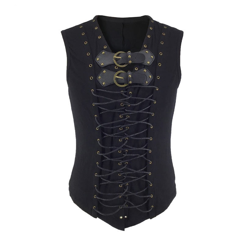 Steampunk Pirate Vest Black Leather Lace Up Sleeveless Top