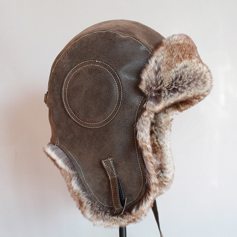 Winter Pilot Aviator Bomber Trapper Hat Faux Fur Leather Snow Cap with Ear Flaps