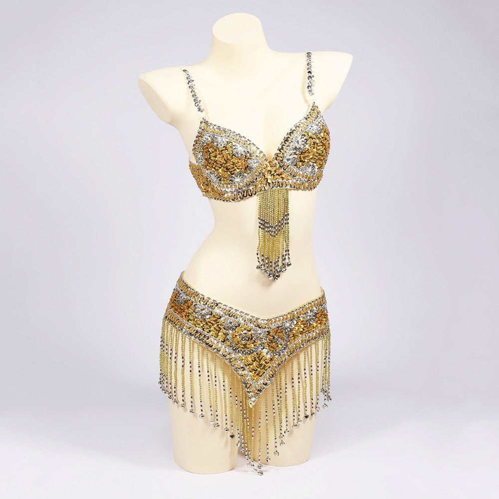 Belly Dancers Beaded Bra and Belt Set Belly Dance Costume Set with Bells