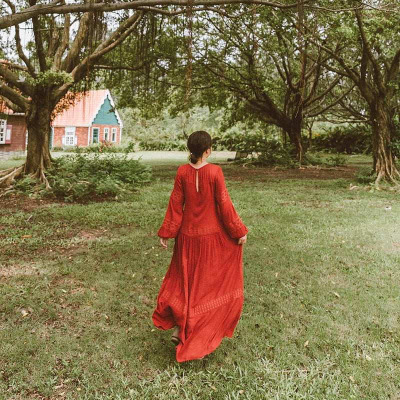 Shyla Boho Cotton Long Sleeve Red Dress