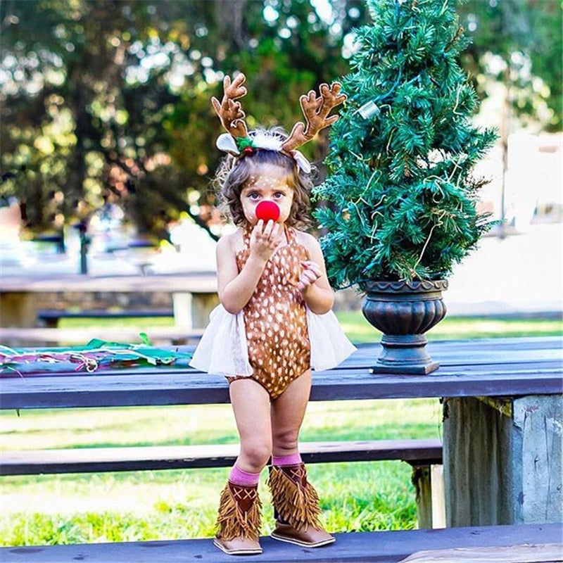 Christmas Baby Girl Deer Costume Antlers Headband Set