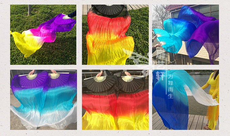 1Pair 100% Real Silk Dance Fan Gradient Stage Dance Silk Fans