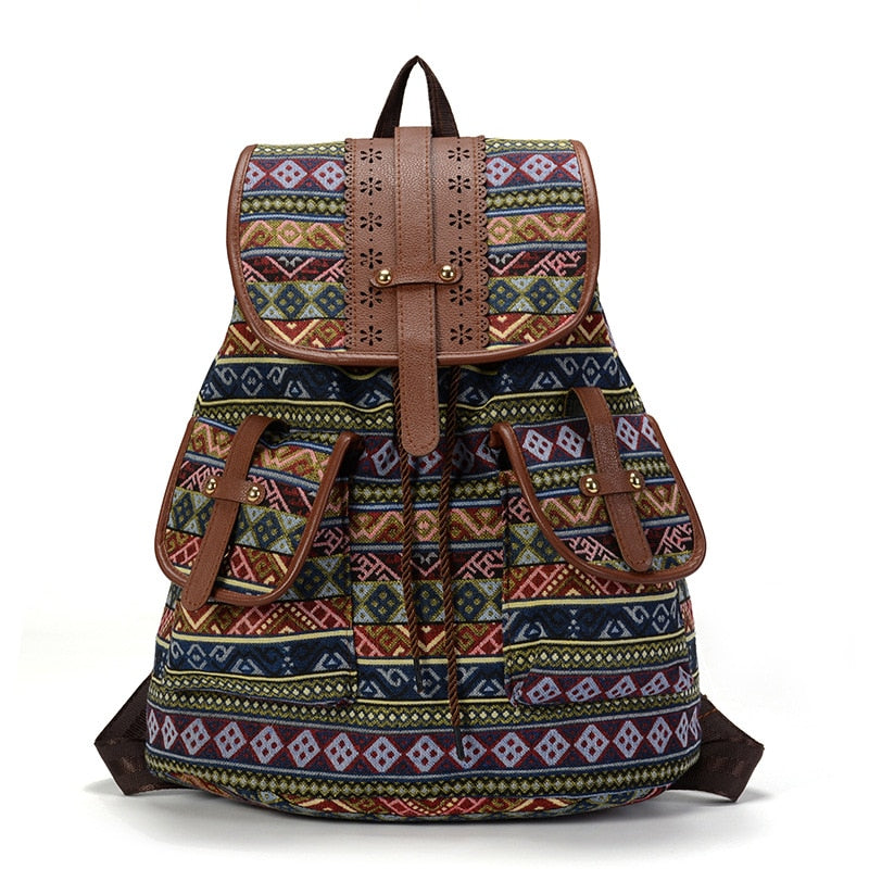 Boho Backpack Canvas Rucksack Faux Leather
