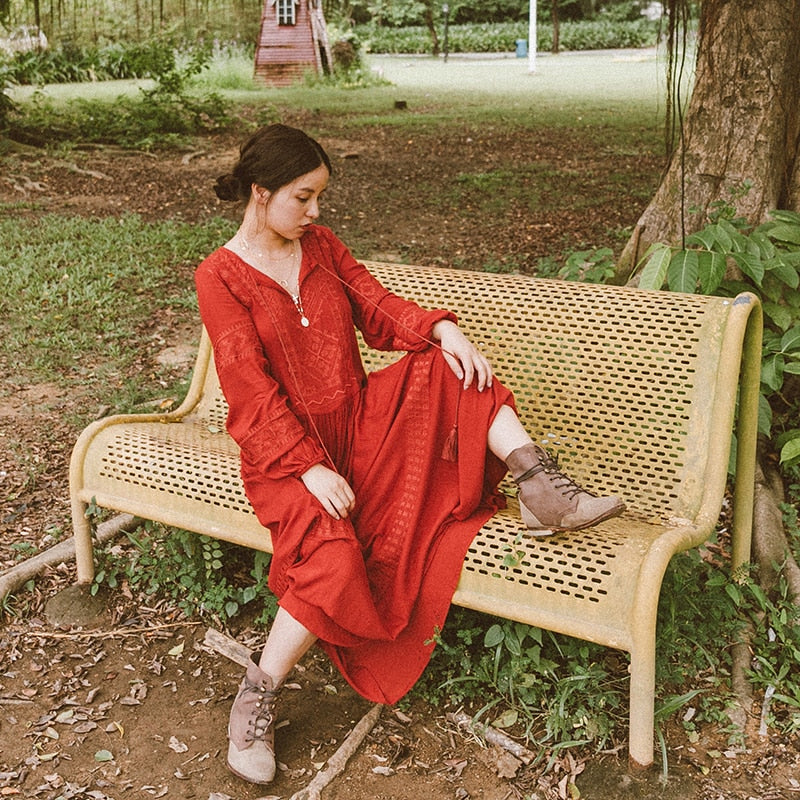 Shyla Boho Cotton Long Sleeve Red Dress