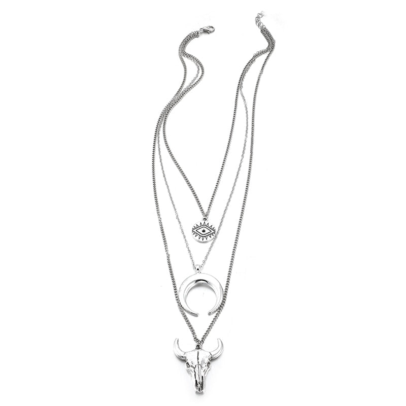 Evil Eye Moon Bull Head Multi Layer Necklace