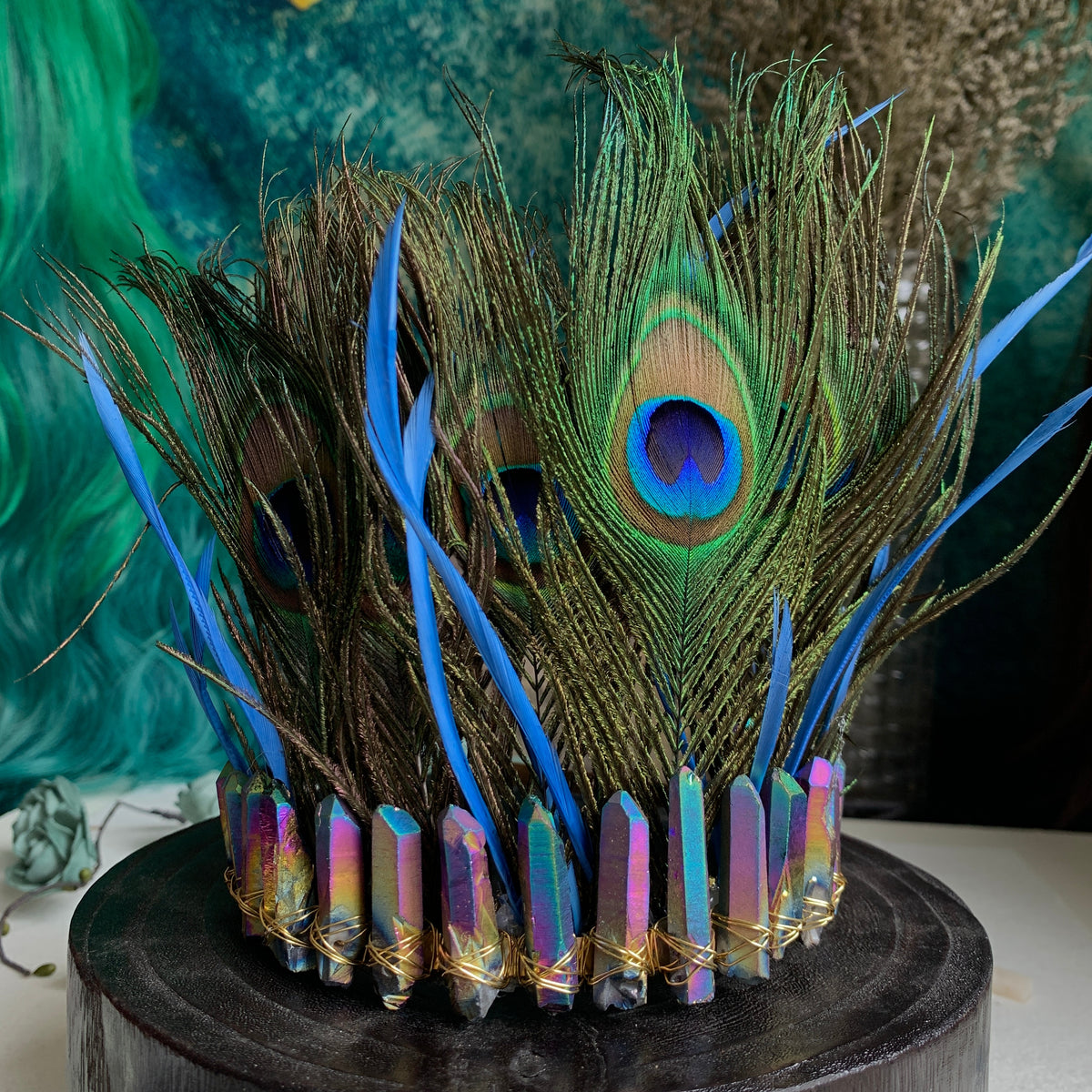 Blue Crystal Peacock Feather Goddess Crown