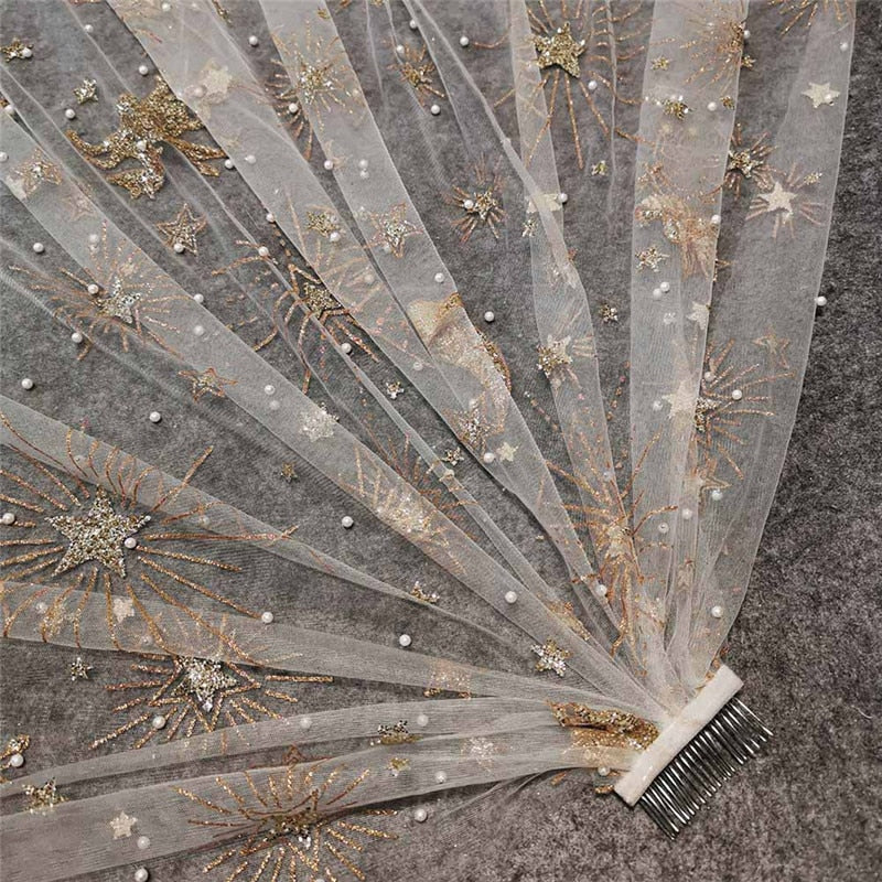 Pearls and Glitter Gold Dust Short Bridal Veil with Comb