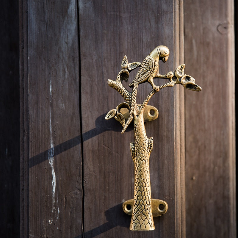 Parrot in a Tree Brass Door Pull Handmade Hardware