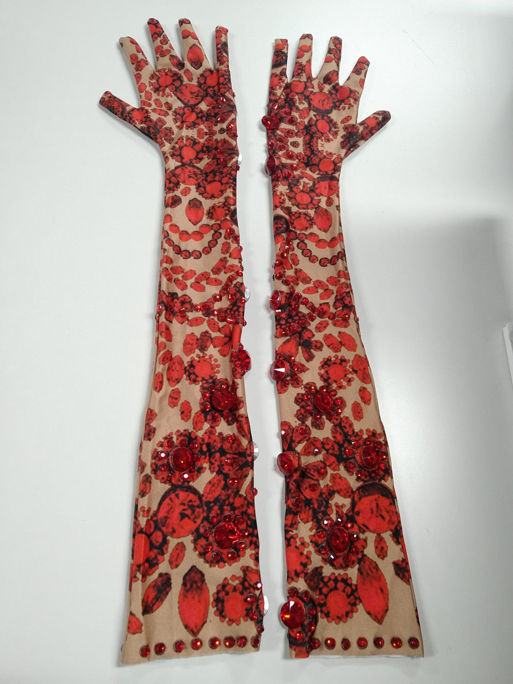 Sparkling Red Rhinestone Stage Performer Gloves