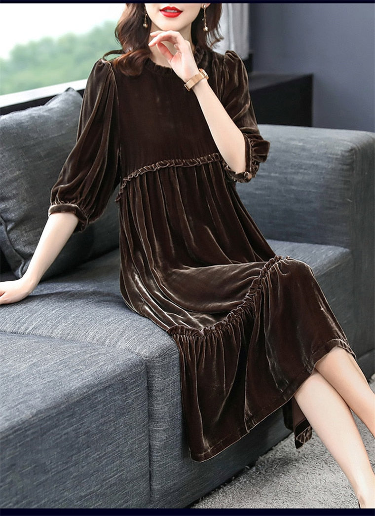 Christine Ruffled Velvet Long Sleeve Dress