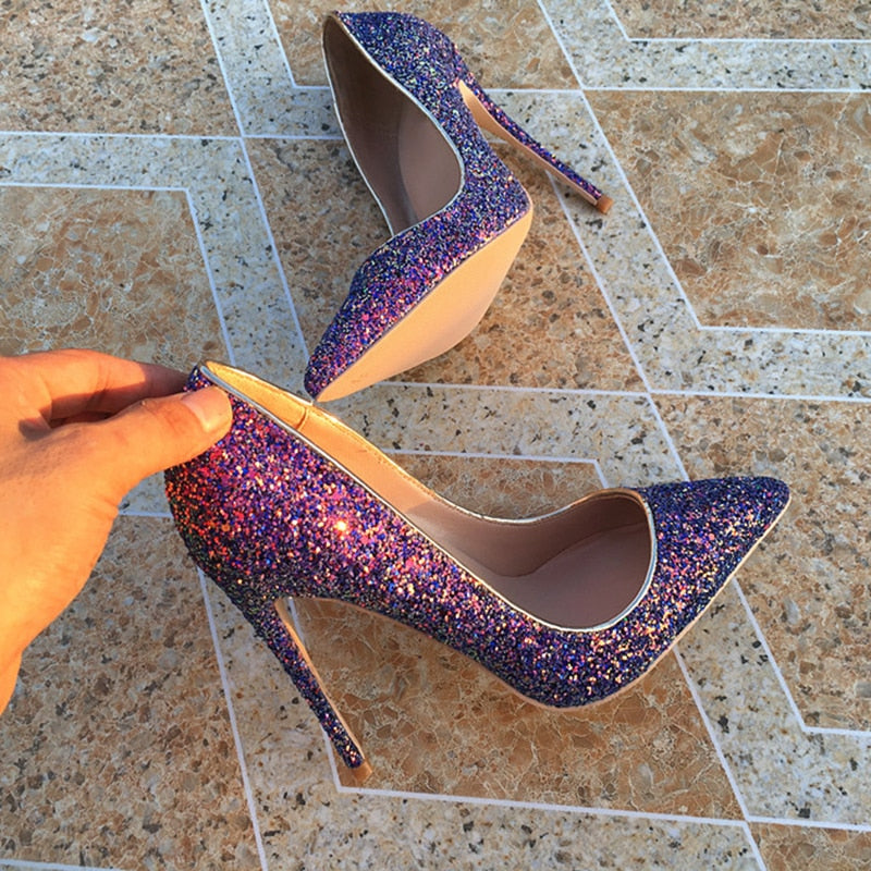 Sparkly Glitter Purple Sequinned Pointy Toe Stiletto High Heels 8-12cm