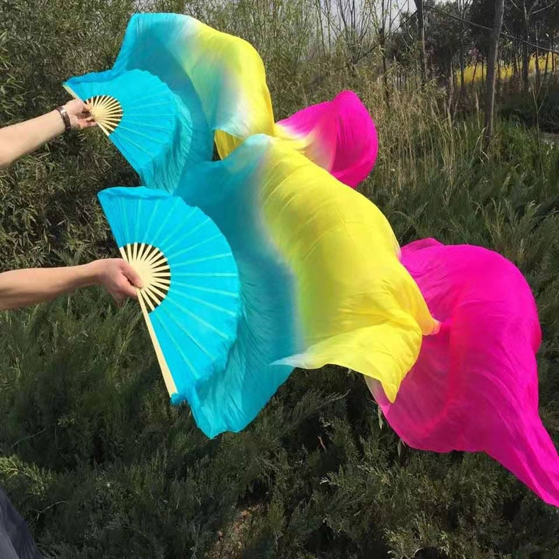 1Pair 100% Real Silk Dance Fan Gradient Stage Dance Silk Fans