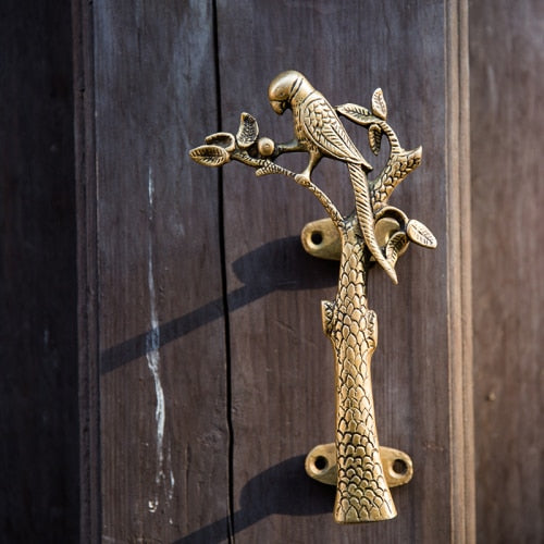 Parrot in a Tree Brass Door Pull Handmade Hardware