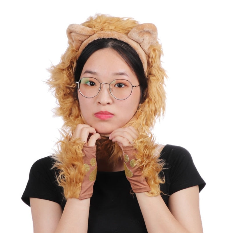 Lion Plush Ears Headband Tail and Paws Set Halloween Costume for Adults and Kids