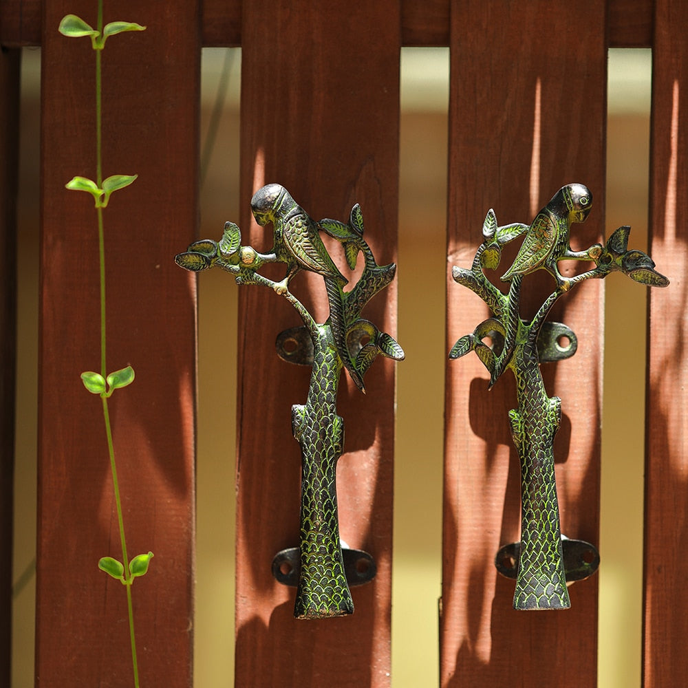 Parrot in a Tree Brass Door Pull Handmade Hardware