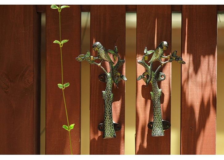 Parrot in a Tree Brass Door Pull Handmade Hardware