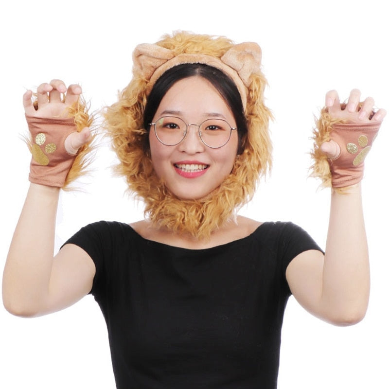Lion Plush Ears Headband Tail and Paws Set Halloween Costume for Adults and Kids