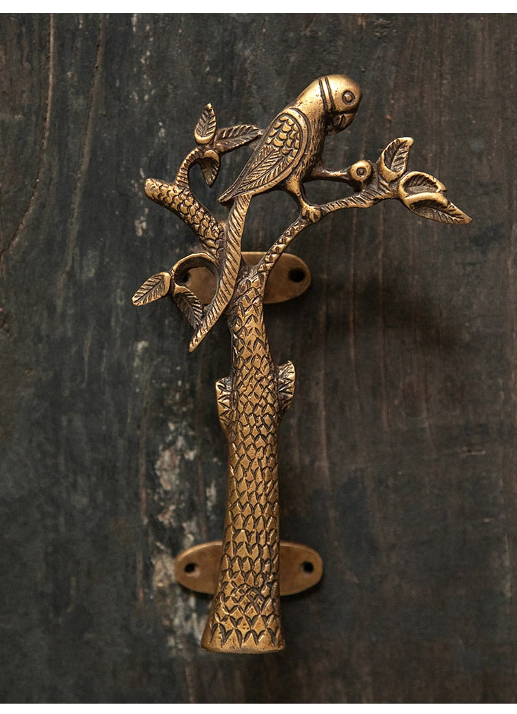 Parrot in a Tree Brass Door Pull Handmade Hardware