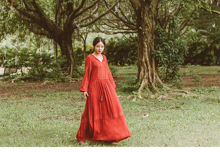 Shyla Boho Cotton Long Sleeve Red Dress