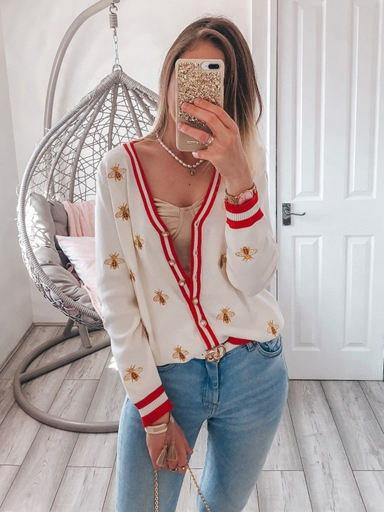 Preppy Bee Embroidered Cardigan