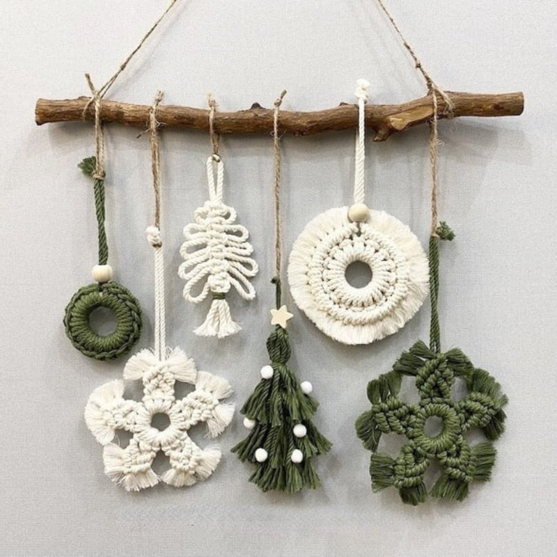 Macrame Boho Christmas Ornaments Set Wall Hanging