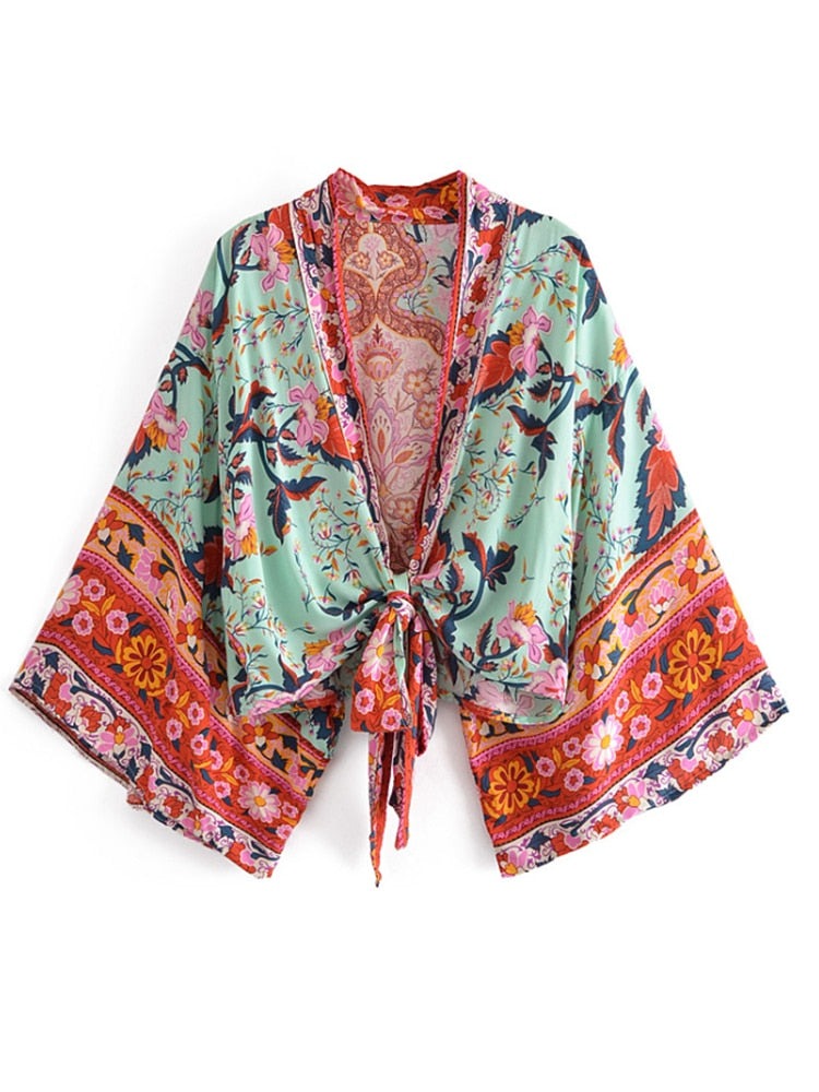 Boho Vintage Floral Print Short Kimono Wrap Tops