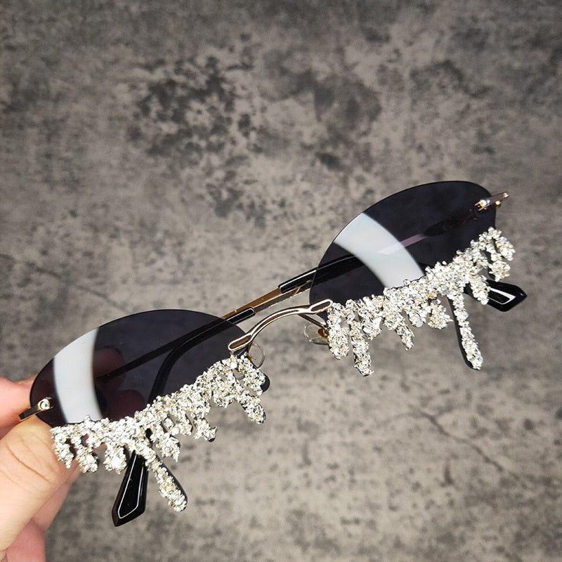 Dripping in Frosting Oval Rimless Rhinestone Sunglasses
