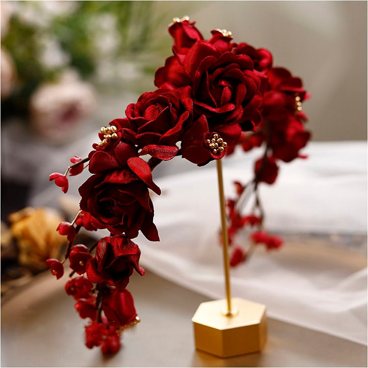 The Red Bride Flower Tiara and Earrings Set