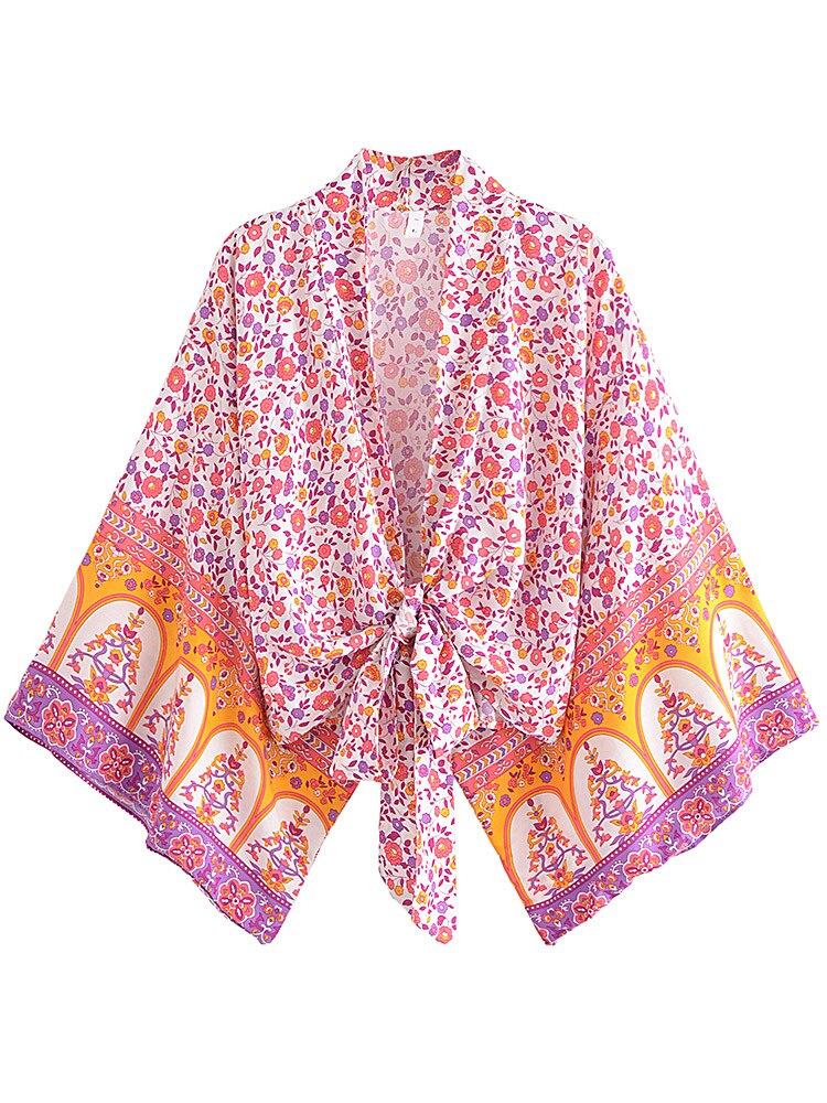 Boho Vintage Floral Print Short Kimono Wrap Tops