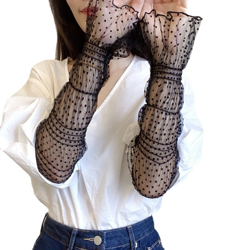 Dot Lace Mesh Long Fingerless Gloves