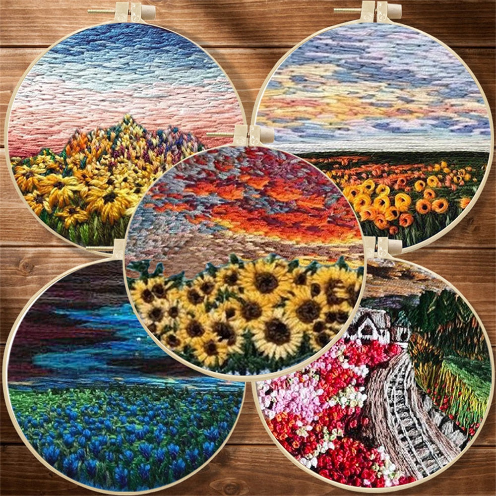 DIY Floral Landscapes Beginner Embroidery Set With Hoop DIY Craft Kits