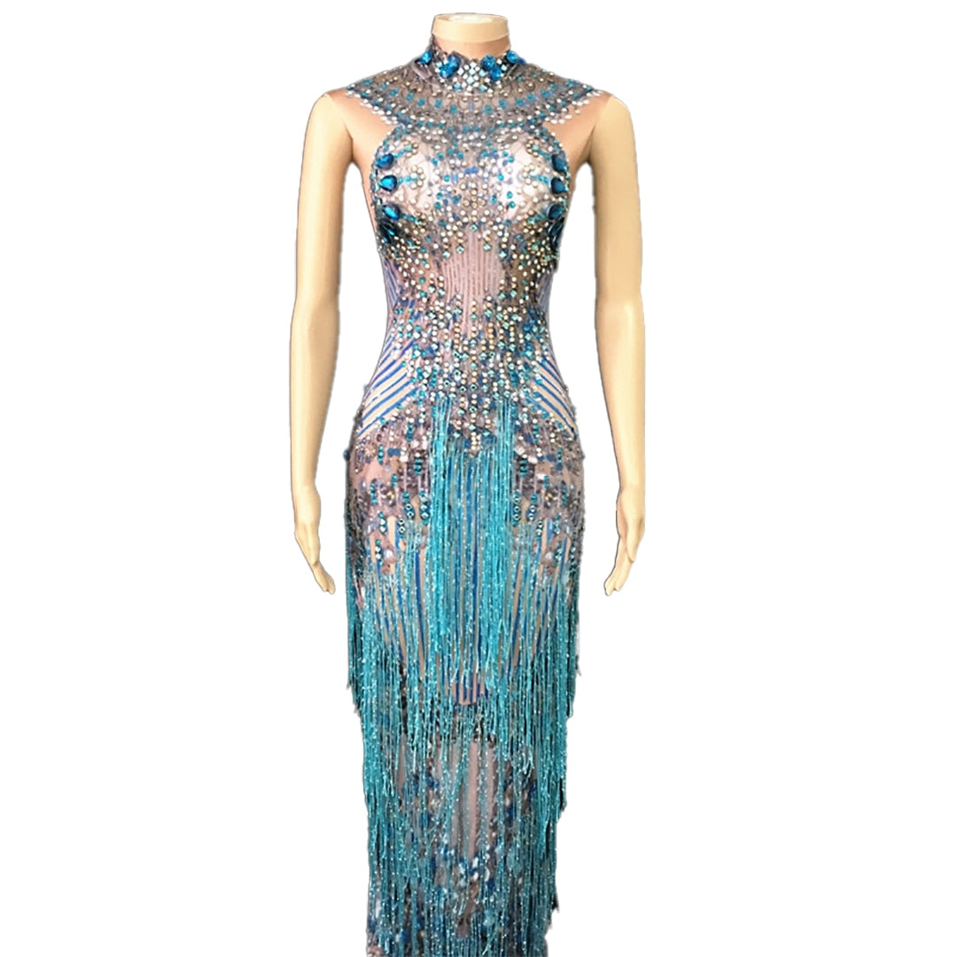 Miranda Blue Tassel Dress Performance Stage Wear
