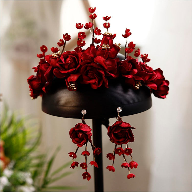 The Red Bride Flower Tiara and Earrings Set