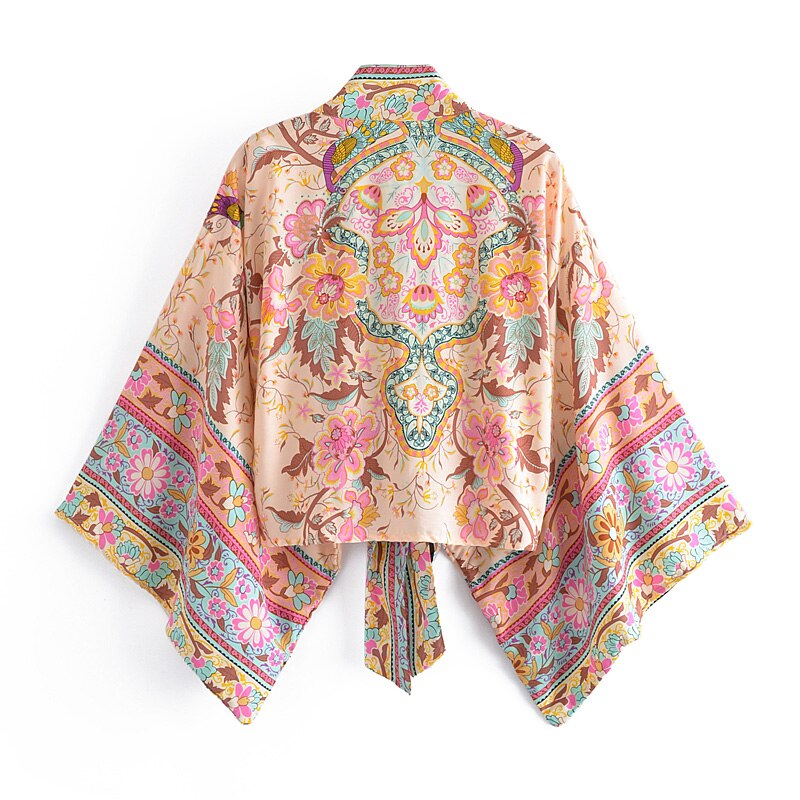 Boho Vintage Floral Print Short Kimono Wrap Tops