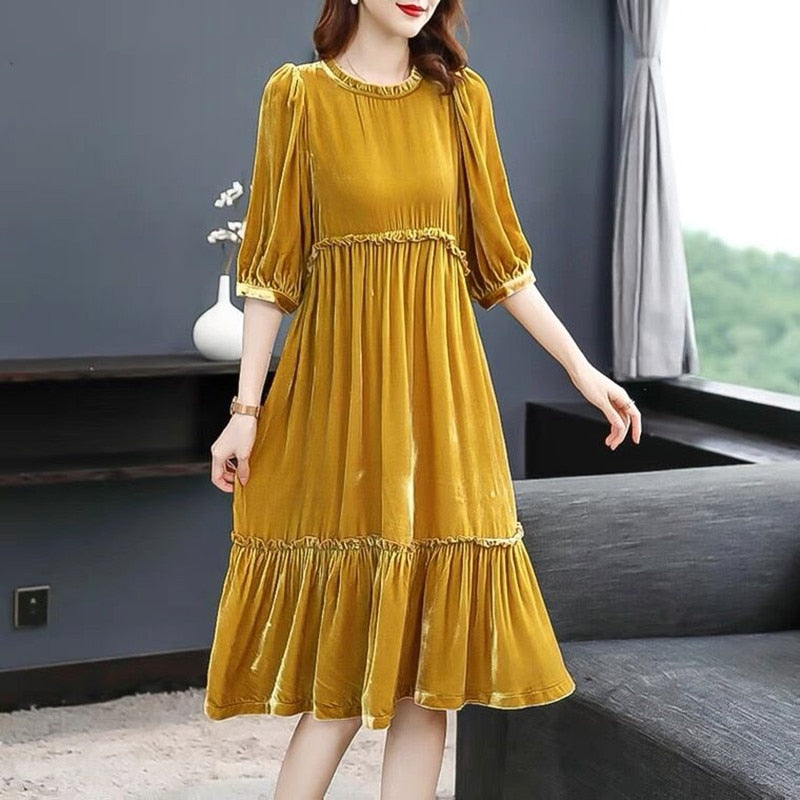 Christine Ruffled Velvet Long Sleeve Dress