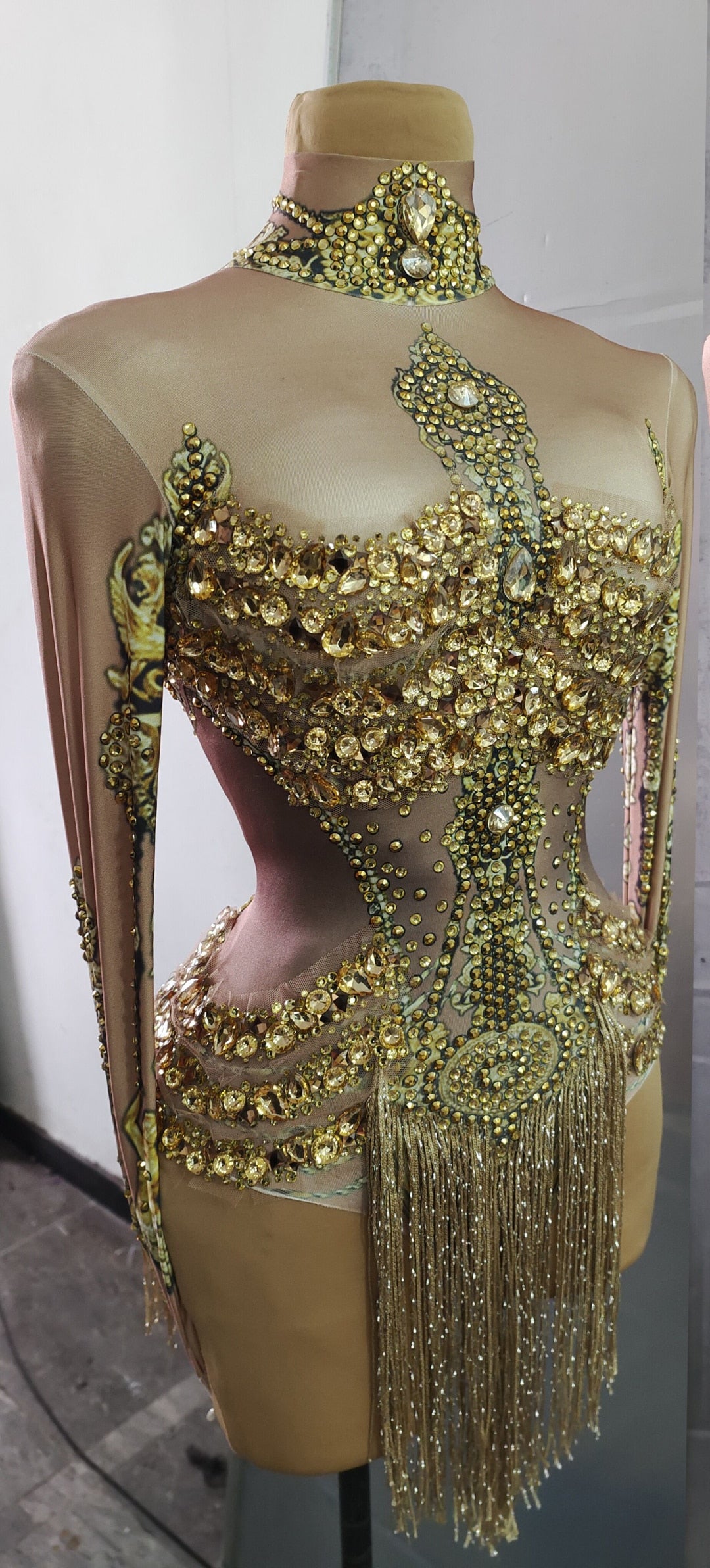 Caritta Sparkly Gold Rhinestones Fringe Leotard Bodysuit Performance Stage Wear