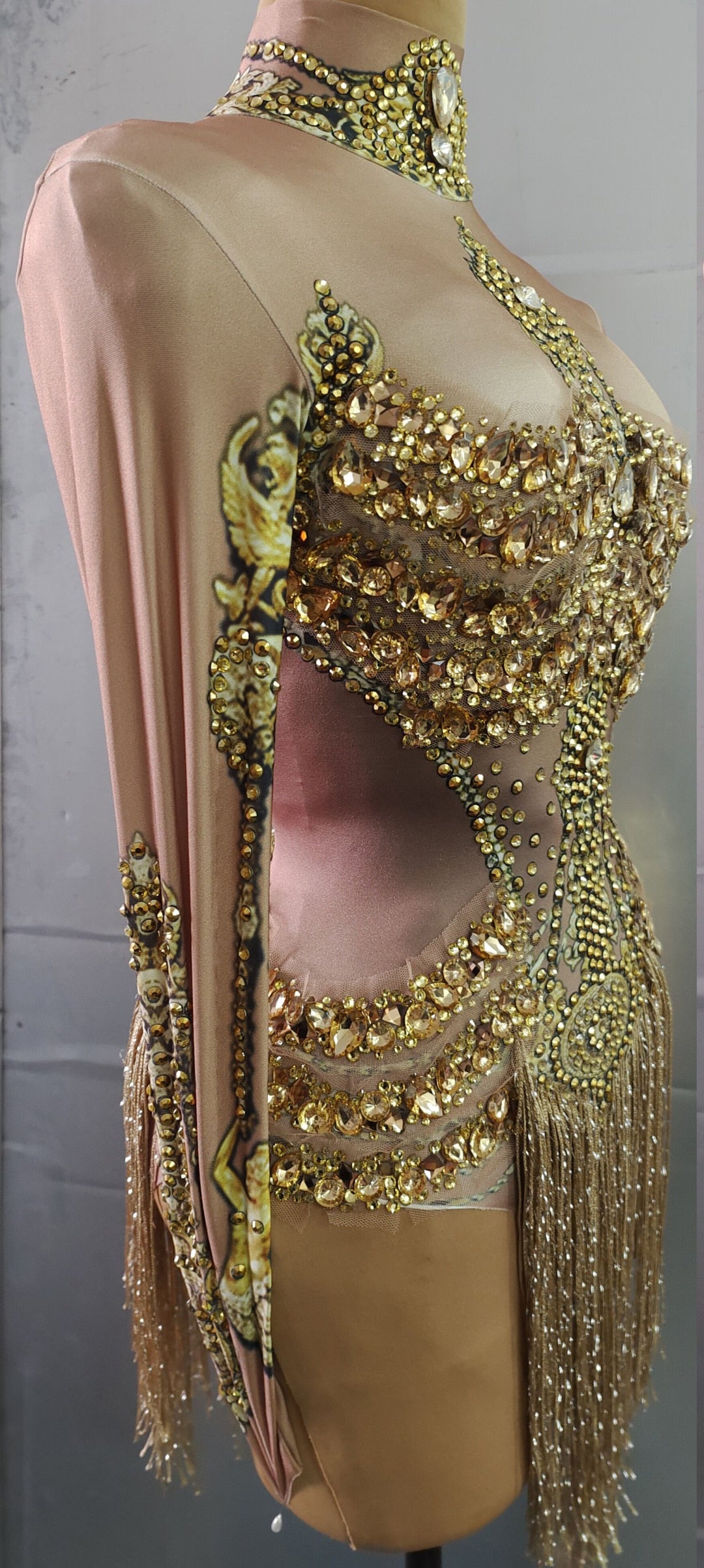 Caritta Sparkly Gold Rhinestones Fringe Leotard Bodysuit Performance Stage Wear