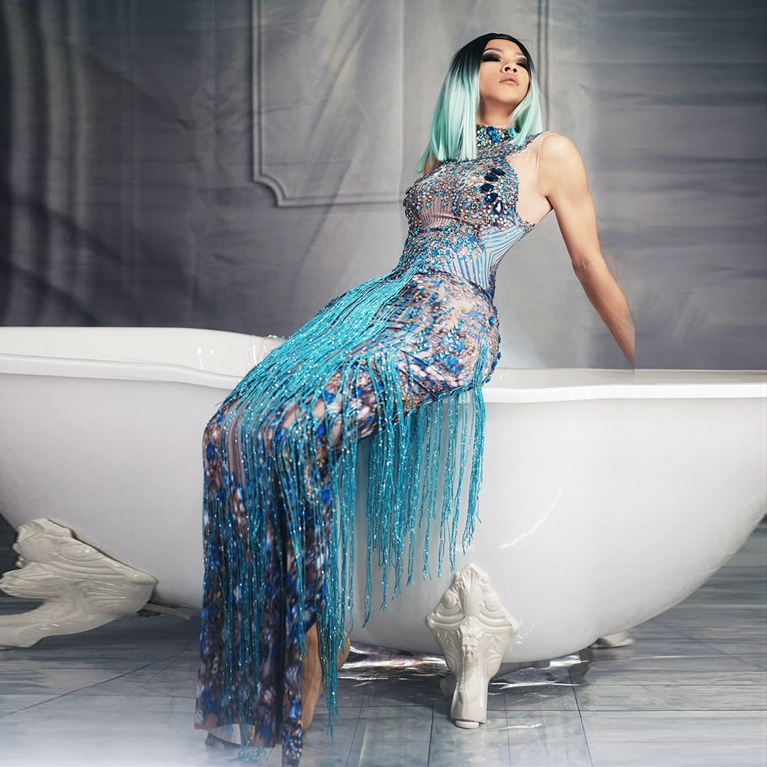 Miranda Blue Tassel Dress Performance Stage Wear