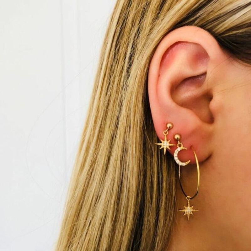 Lovely Star Moon Rhinestone Drop Earrings Set