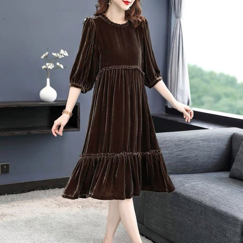 Christine Ruffled Velvet Long Sleeve Dress
