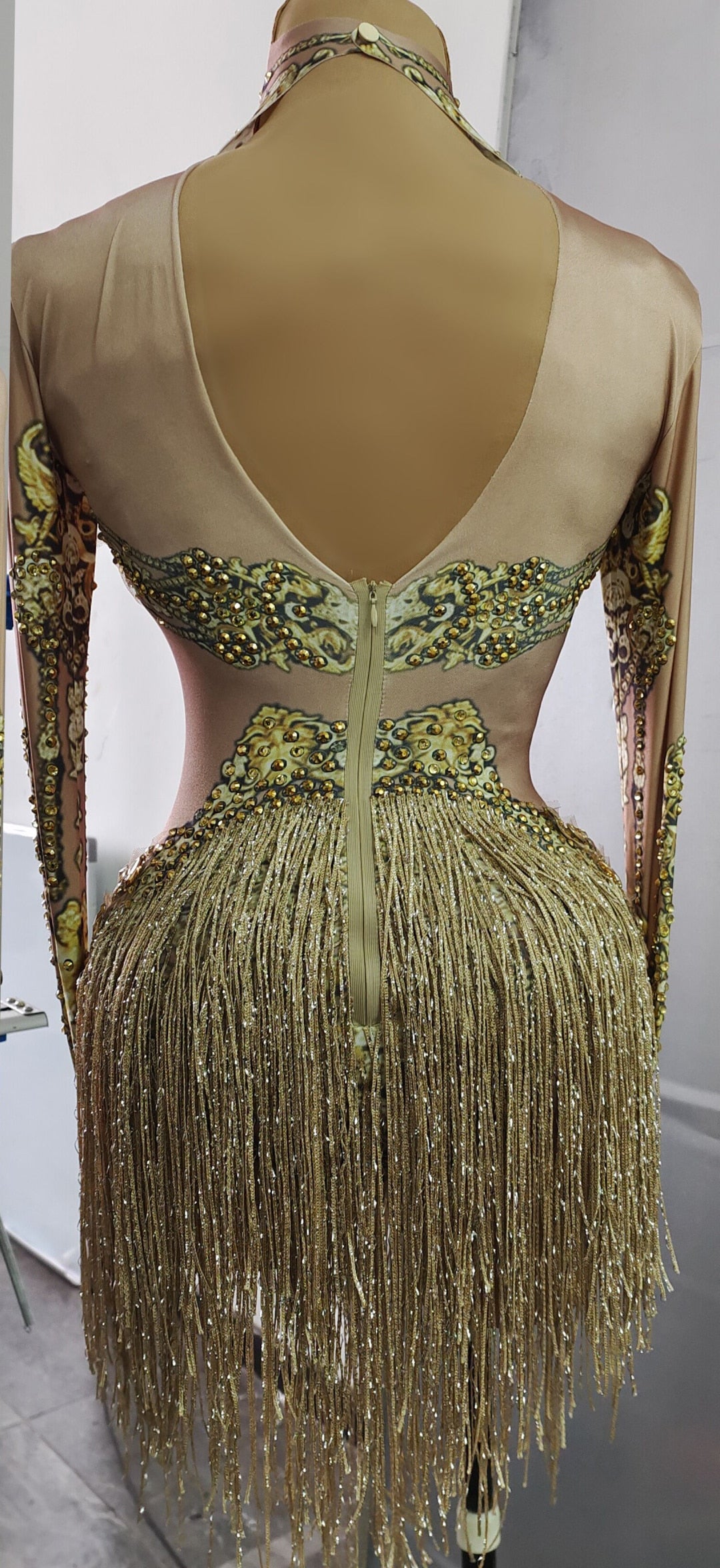 Caritta Sparkly Gold Rhinestones Fringe Leotard Bodysuit Performance Stage Wear