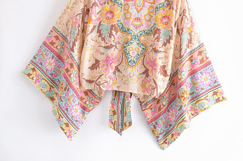 Boho Vintage Floral Print Short Kimono Wrap Tops